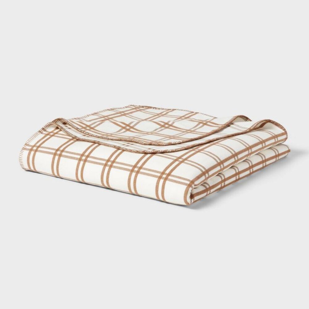 Full/Queen Brushed Cotton Blanket Ivory/Brown Plaid - Threshold